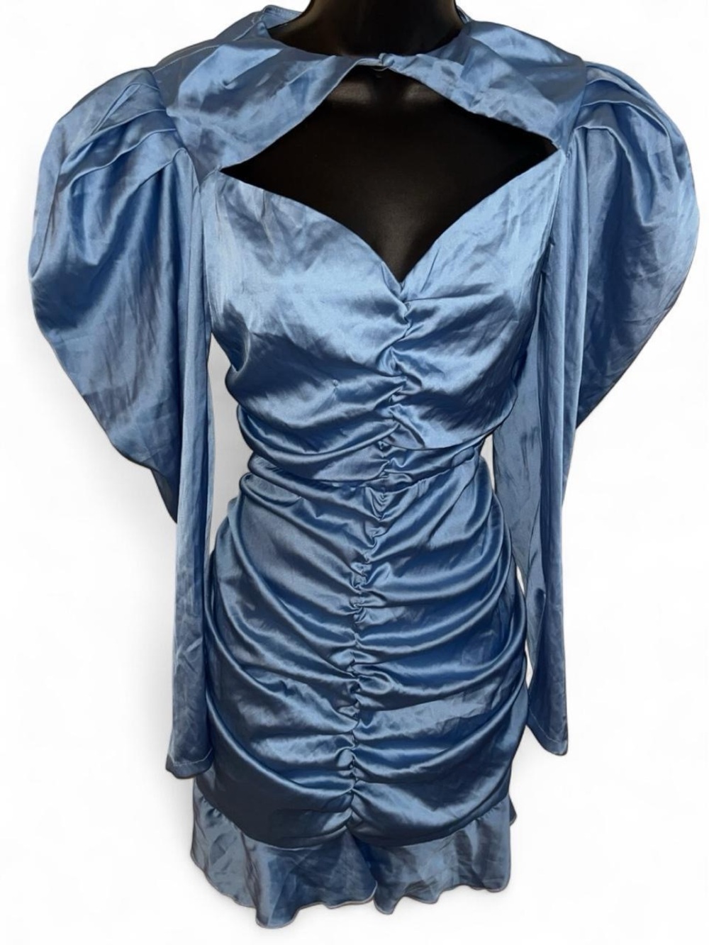 Blue Satin Ruched Midi Dress with Statement Shoulders